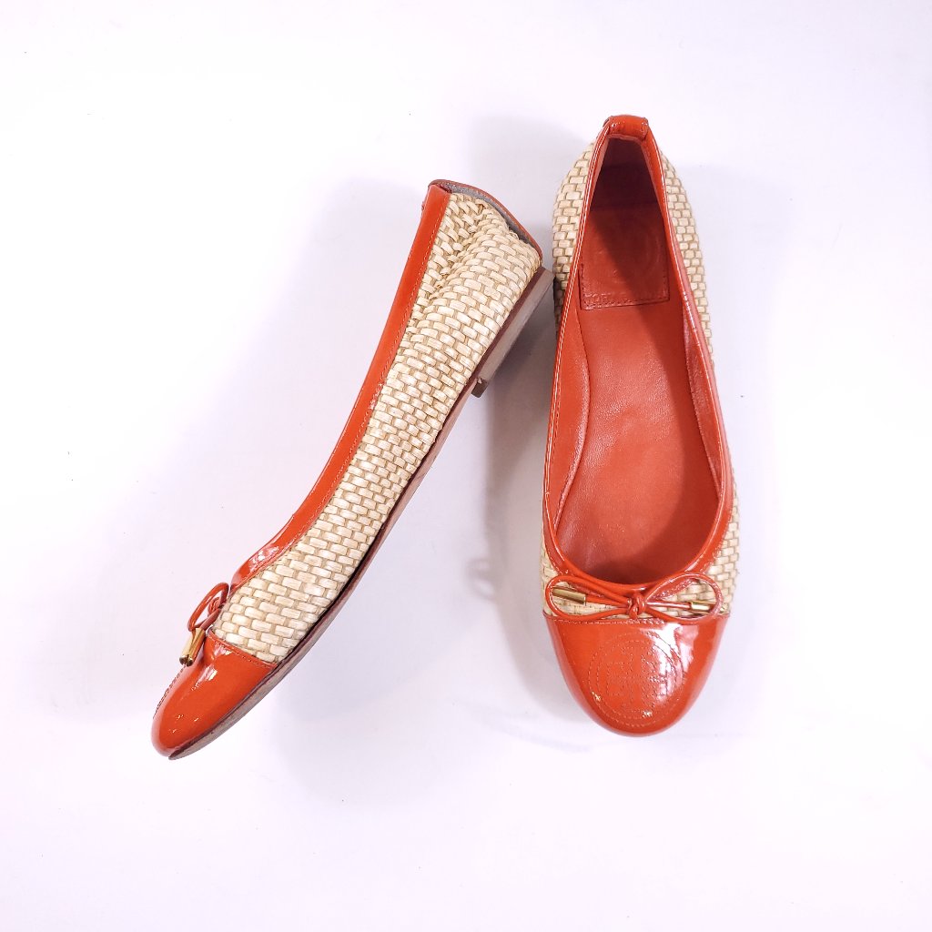 Tory Burch Orange Beige Knit Flats